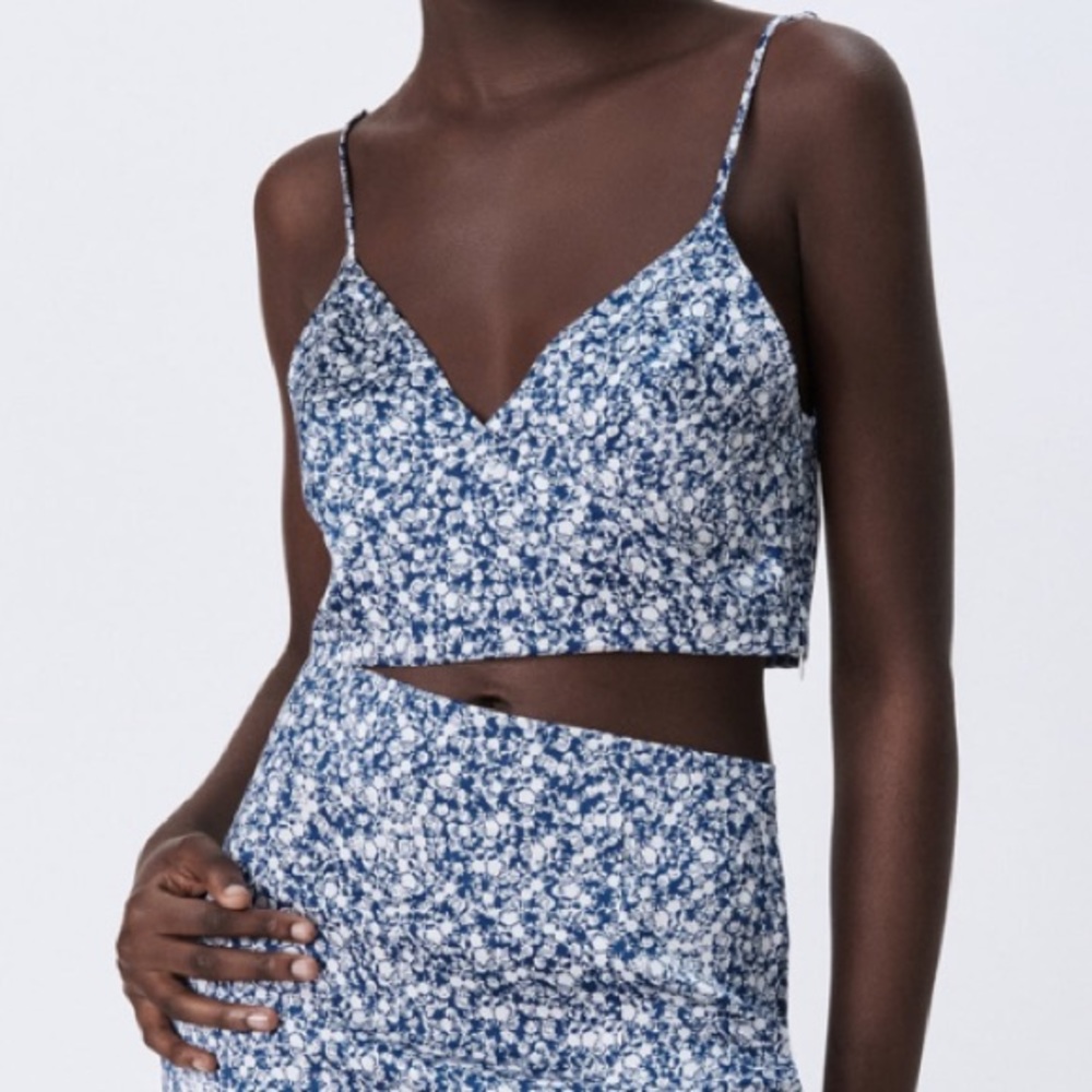 Zara Blue White Floral Print Cropped Top NWT
